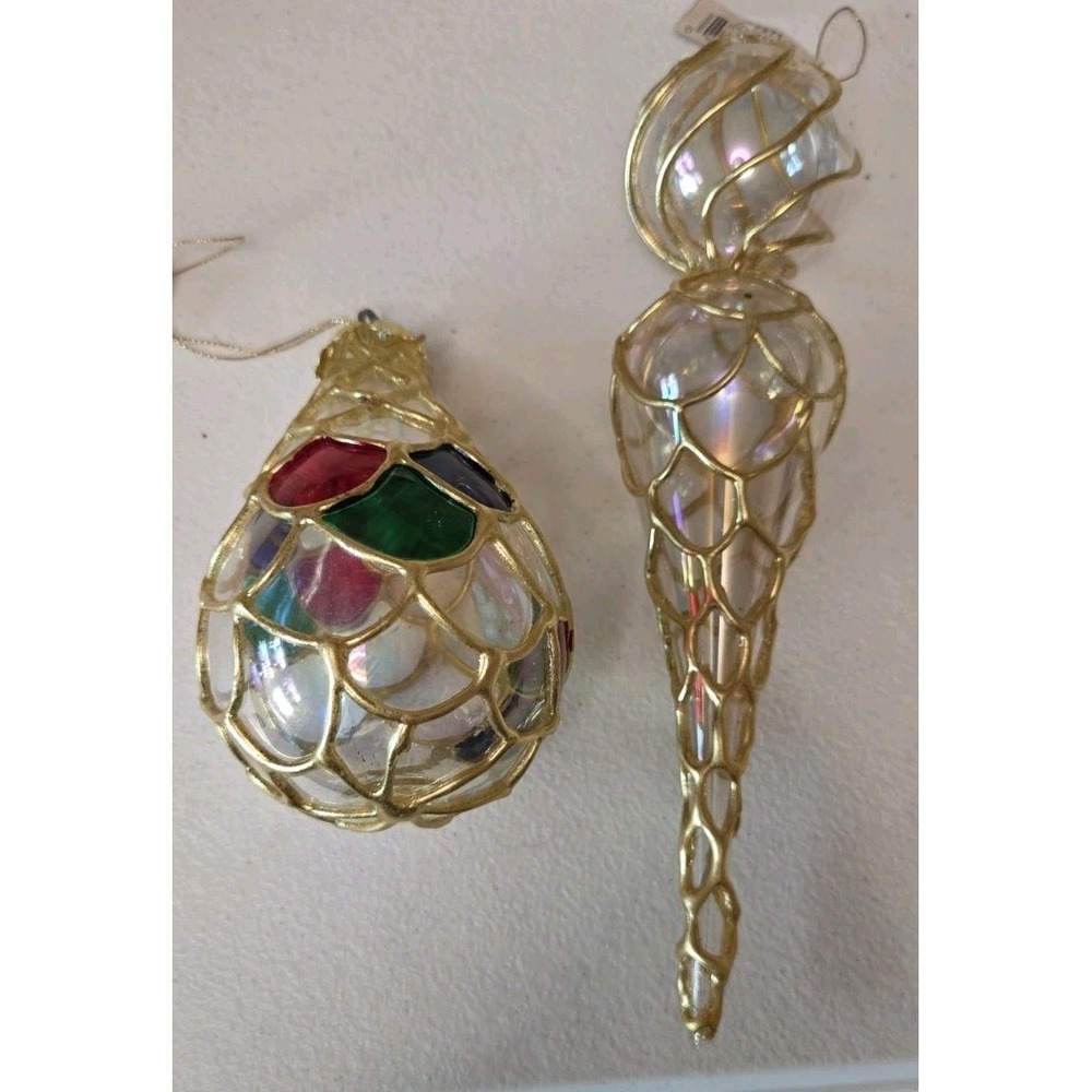 Lot 2 Gold Filigree‎ Blown Glass Ornaments Teardrop & Icicle Iridescent Vintage